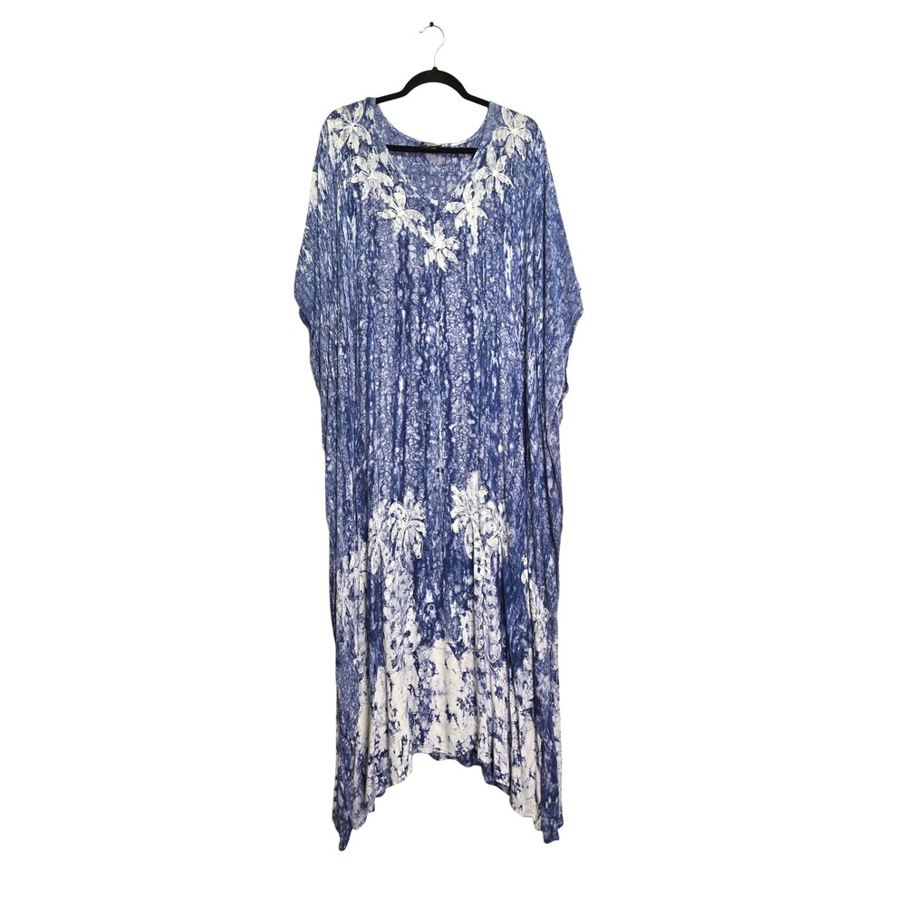 Sakkas Indigo Blue Tie Dye Caftan Dress Embroidered Palm Tree OS Rayon Maxi